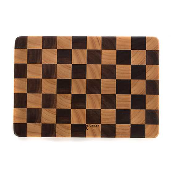 Handmade checkered chopping board made from acacia and rubberwood with a natural wood grain pattern.