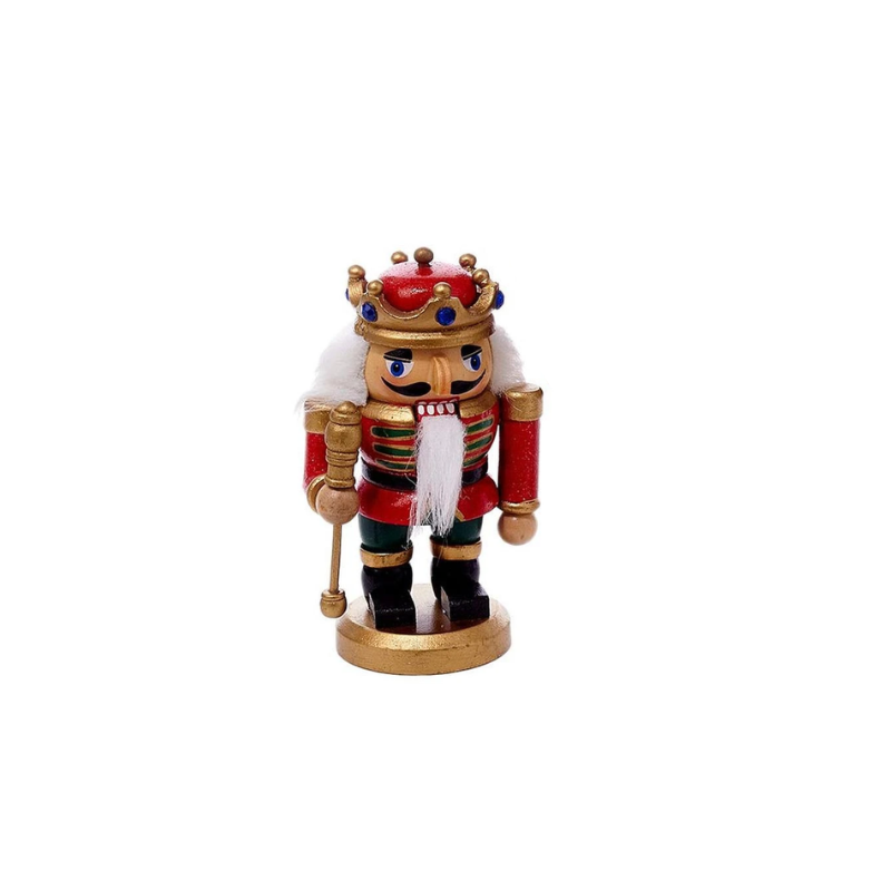 5-inch miniature wooden king nutcracker with a red crown, gold scepter, and white beard.