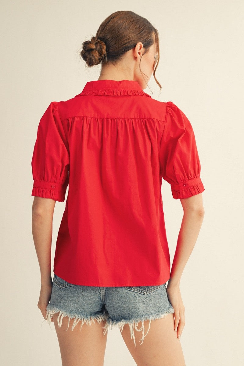 Solid white Zoe Peter Pan collar button-down top with short puff sleeves.