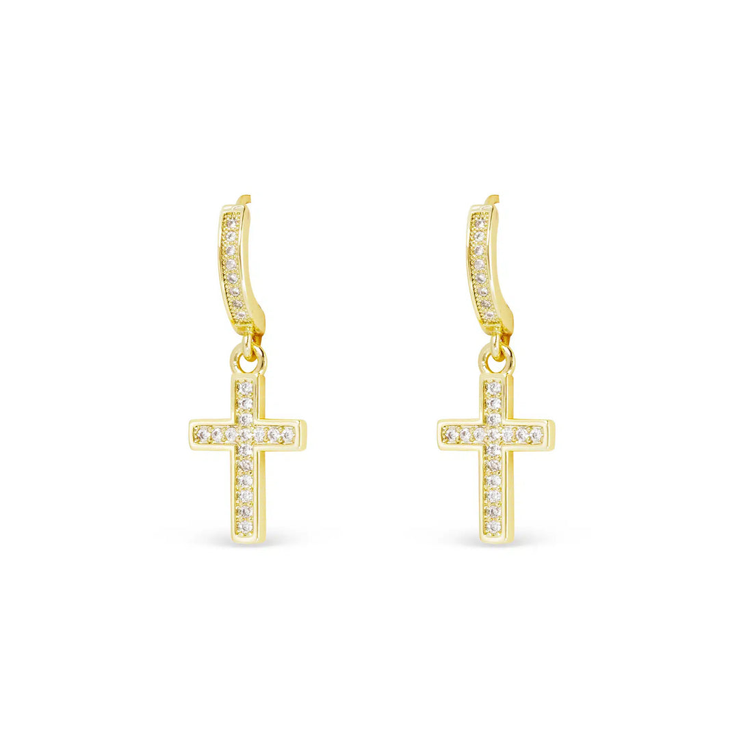Gold CZ hoop earrings with dangling cross charms featuring clear cubic zirconia stones.