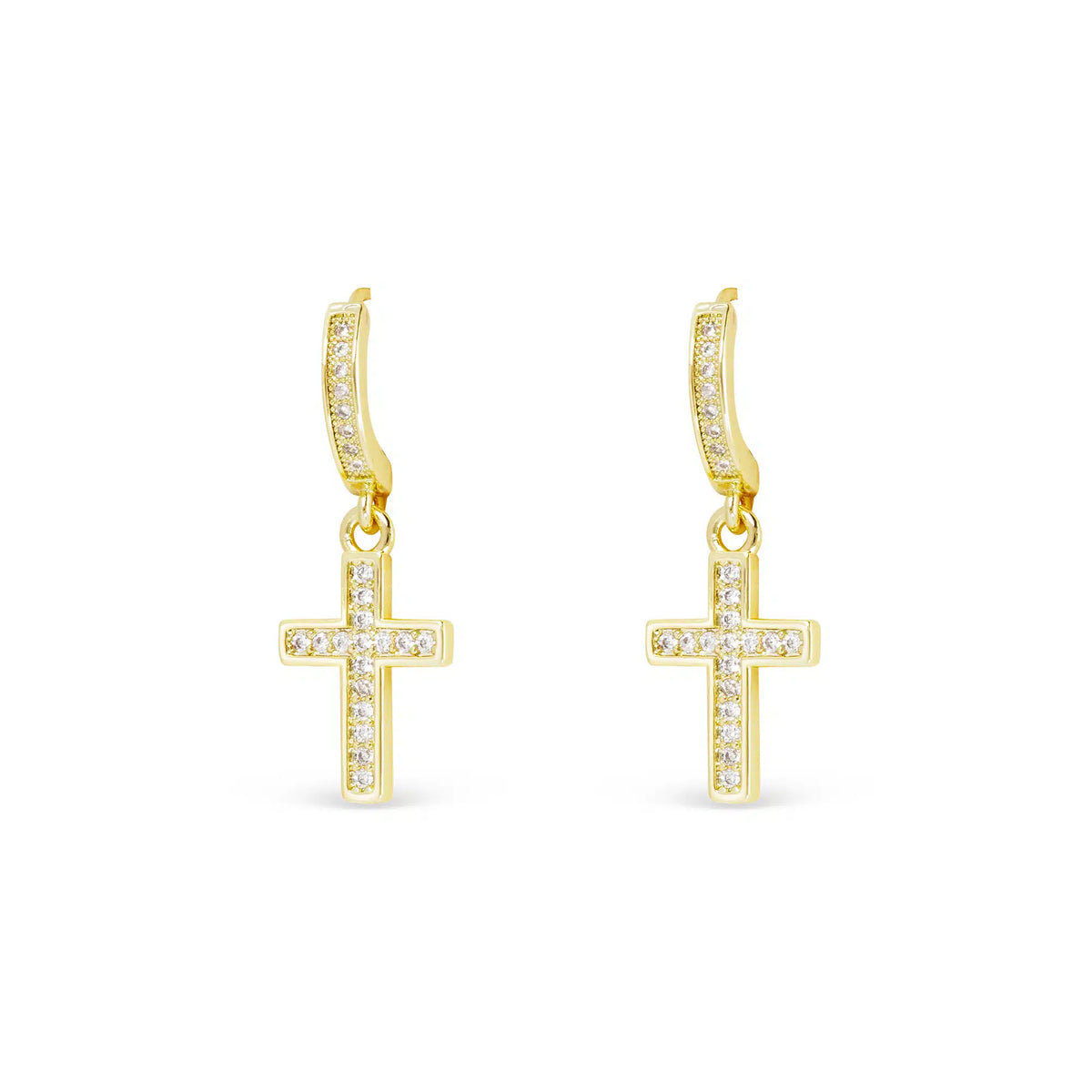Gold CZ hoop earrings with dangling cross charms featuring clear cubic zirconia stones.