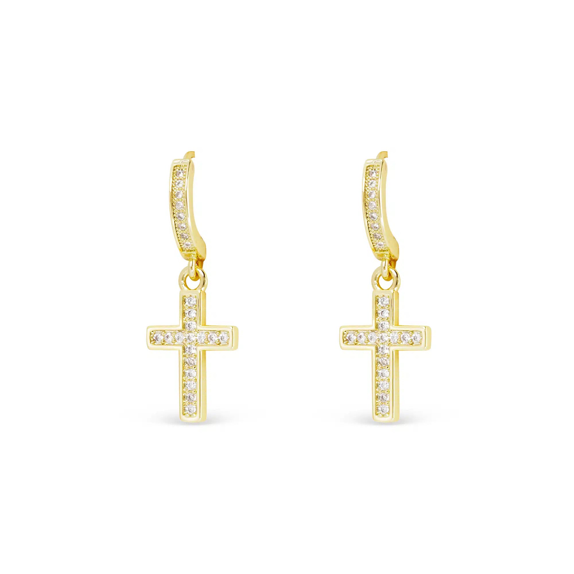 Gold CZ hoop earrings with dangling cross charms featuring clear cubic zirconia stones.