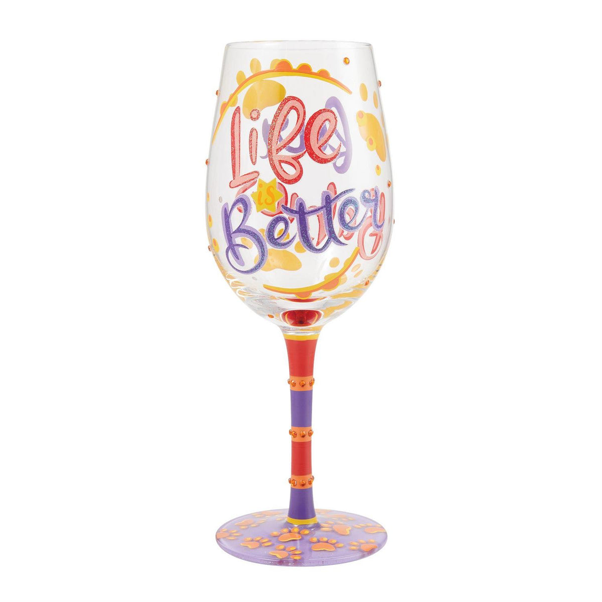 Lolita wine glass with hand-painted floral designs, glitter accents, and a cocktail recipe printed on the base.