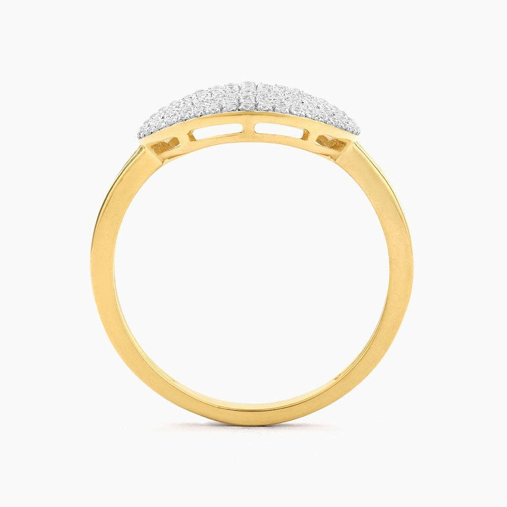 Silver round statement ring with a prominent central stone set in an open band.
