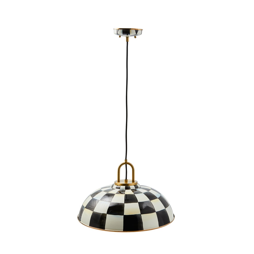 Courtly Check 18-inch dome pendant lamp with black and white hand-painted checks and brass hardware.