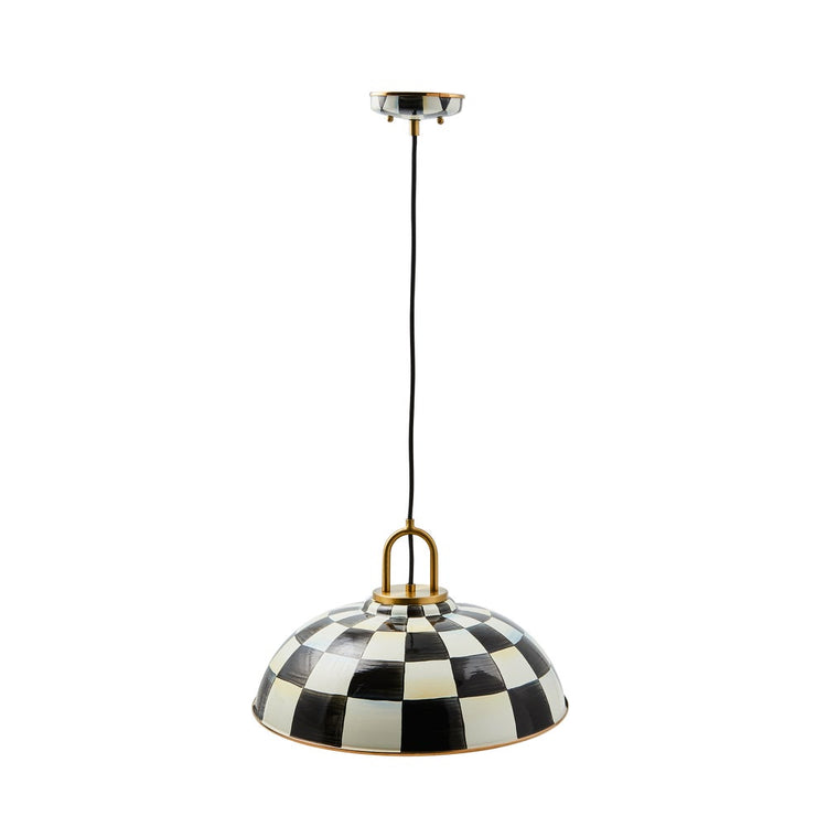 Courtly Check 18-inch dome pendant lamp with black and white hand-painted checks and brass hardware.