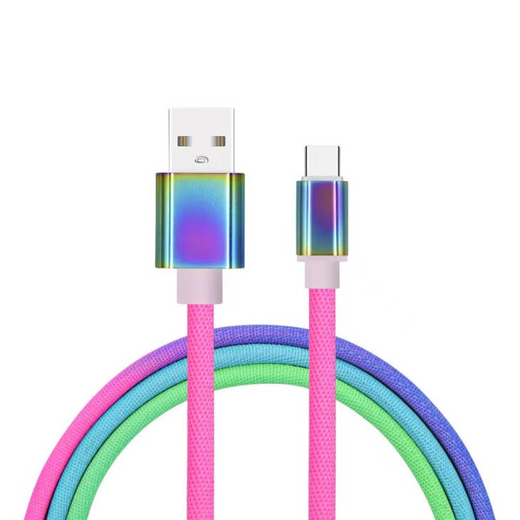 6ft Rainbow braided USB Type C cable with iridescent metallic connectors.