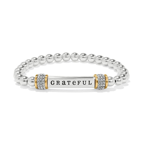 Meridian Grateful two-tone stretch bracelet with silver beads and a bar engraved with GRATEFUL.