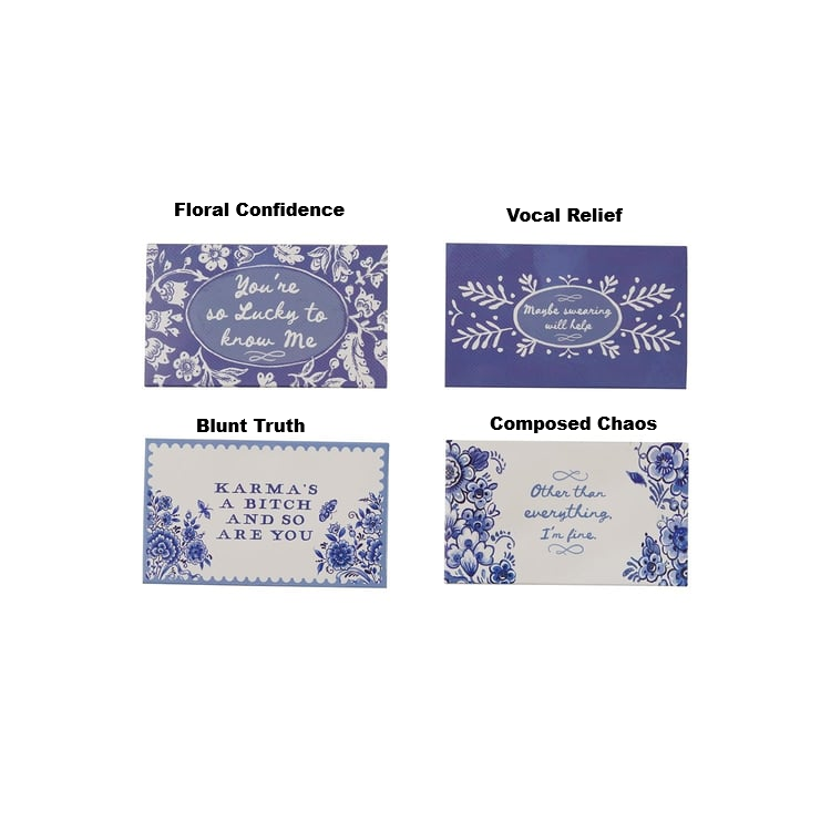 Four blue and white matchboxes with witty phrases: Floral Confidence, Vocal Relief, and more.