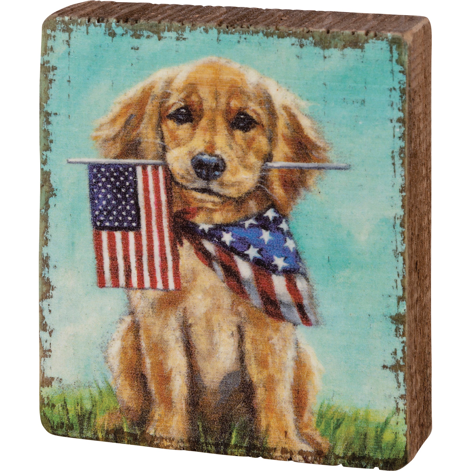 Block sign shaped like a puppy flag made from wood with painted burlap canvas texture.