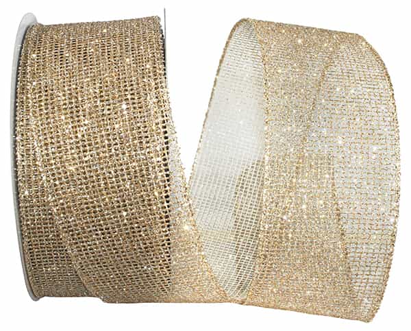 Gold glitter web mesh ribbon with metallic wired edge on a white background.
