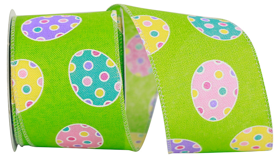 Apple green wired edge ribbon with a linen texture, measuring 2-1/2 inches wide.
