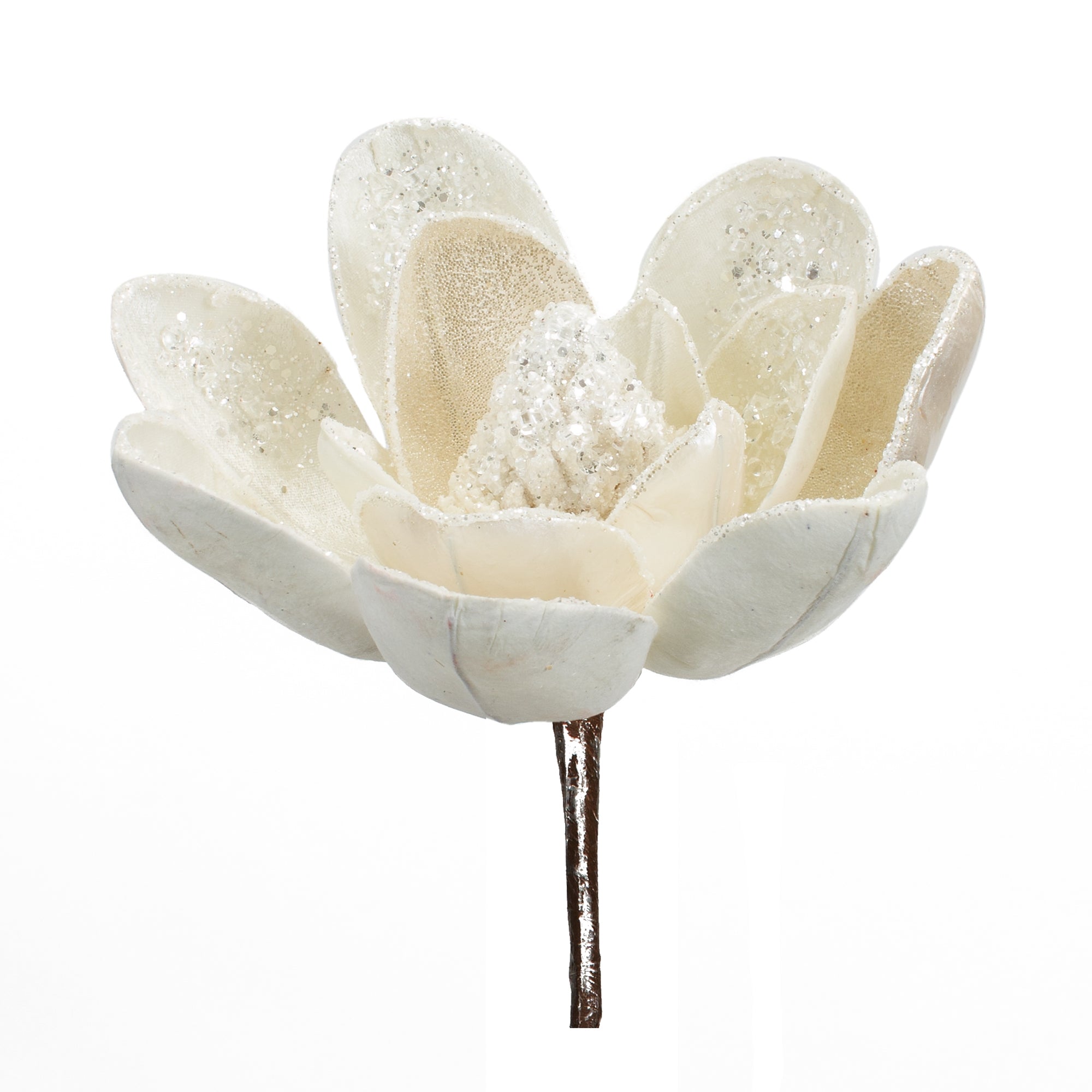 White velvet magnolia stem with glitter accents on the petals and center.