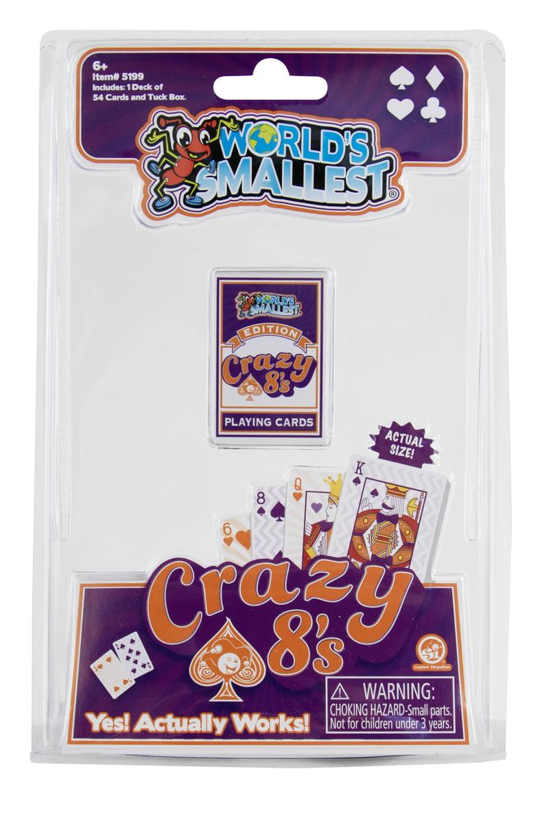 World's Smallest Crazy 8's card game in packaging with a miniature deck and tuck box.