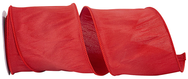 4 inch red Dupioni Supreme wired edge ribbon with a textured finish and stitched borders.