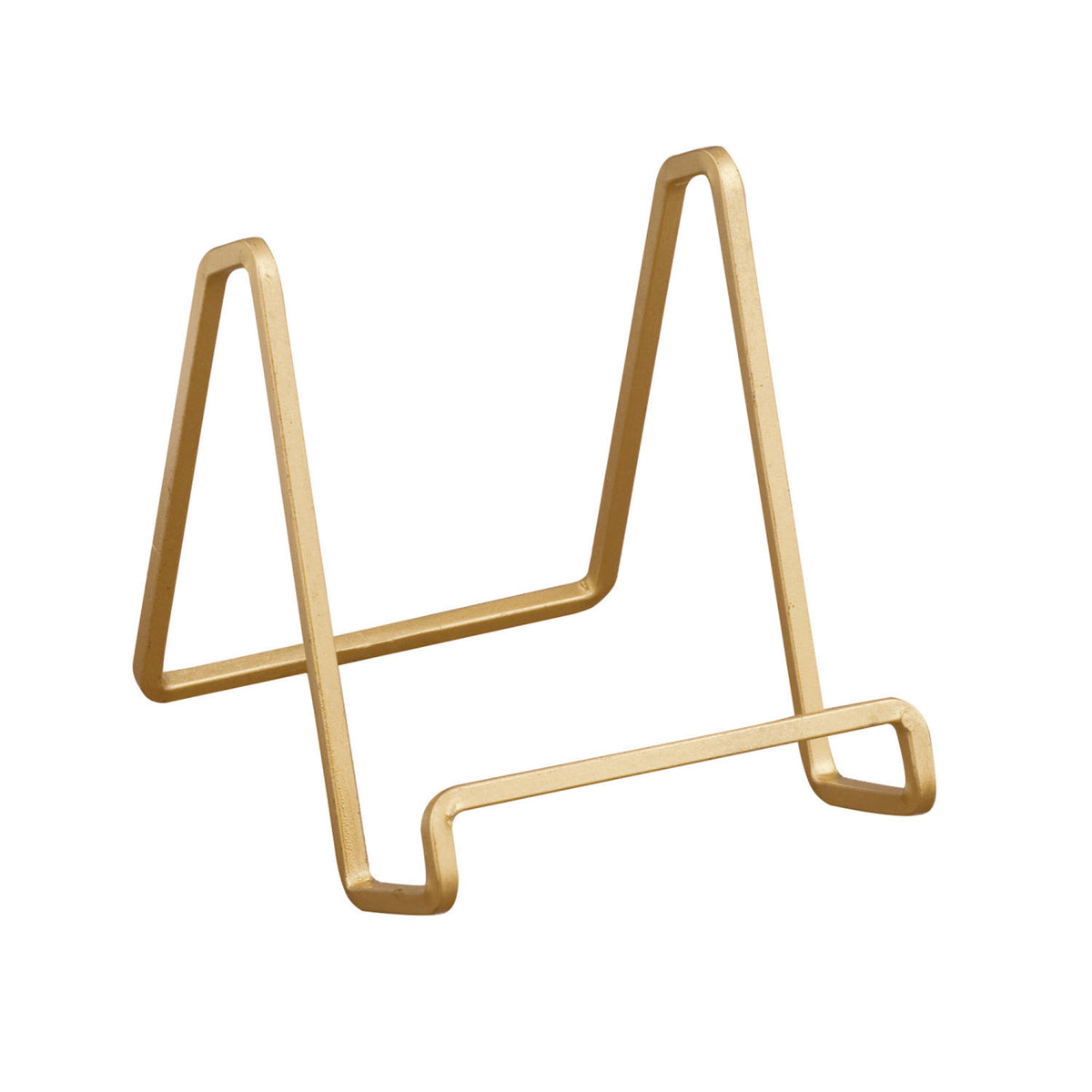 Handcrafted gold square wire easel stand with welded joints creating slight height variation.