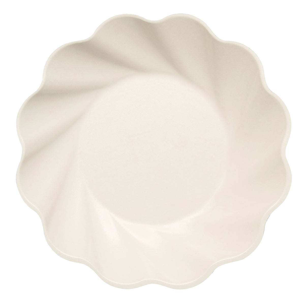 Top view of a cream-colored eco salad plate with a scalloped, swirled edge design.