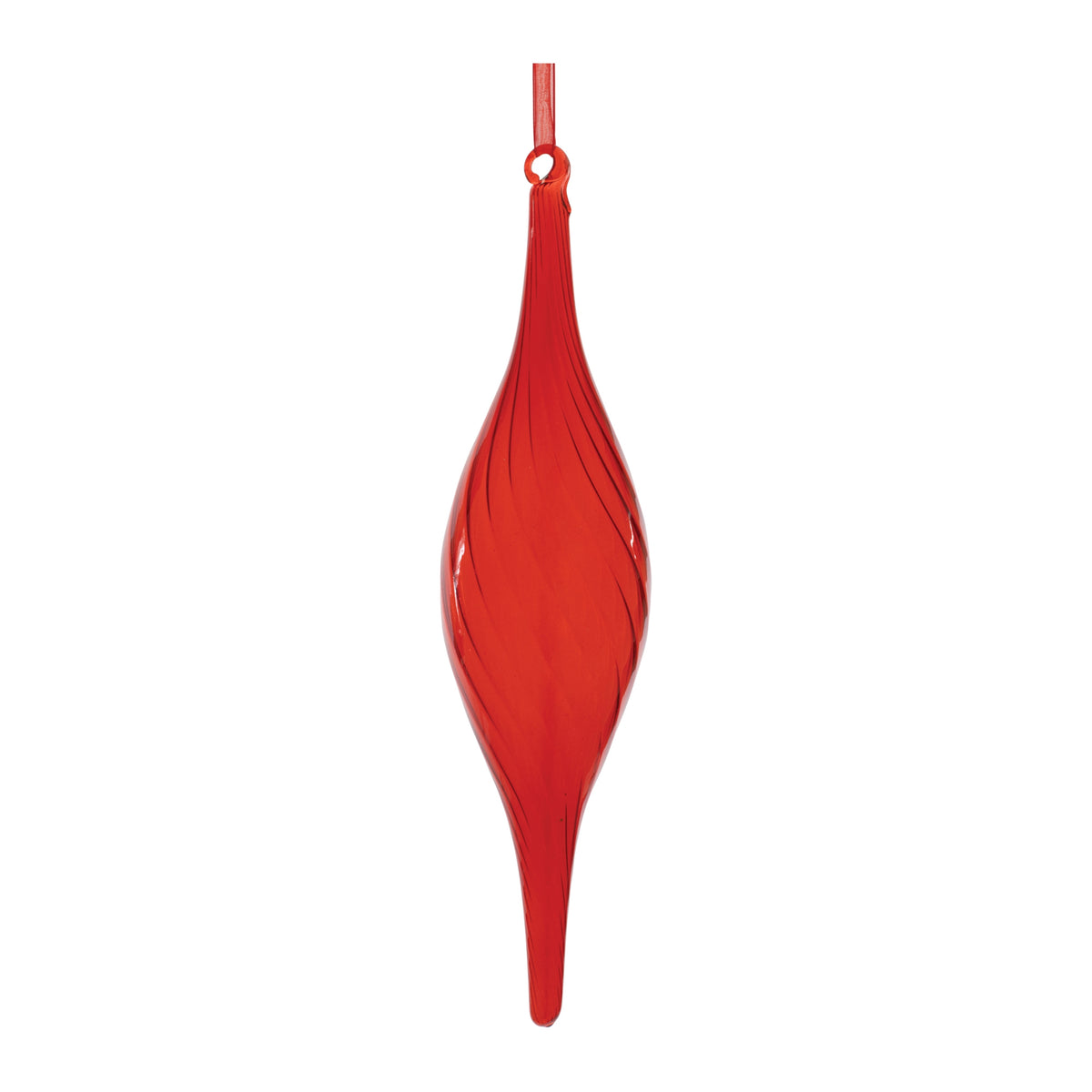 10-inch red glass drop ornament with a twisted spiral design and hanging loop.