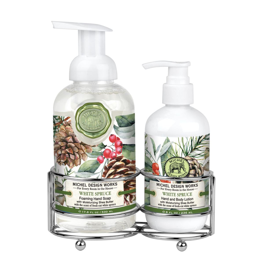 Foaming hand soap dispenser with pump next to a matching lotion bottle on a countertop.