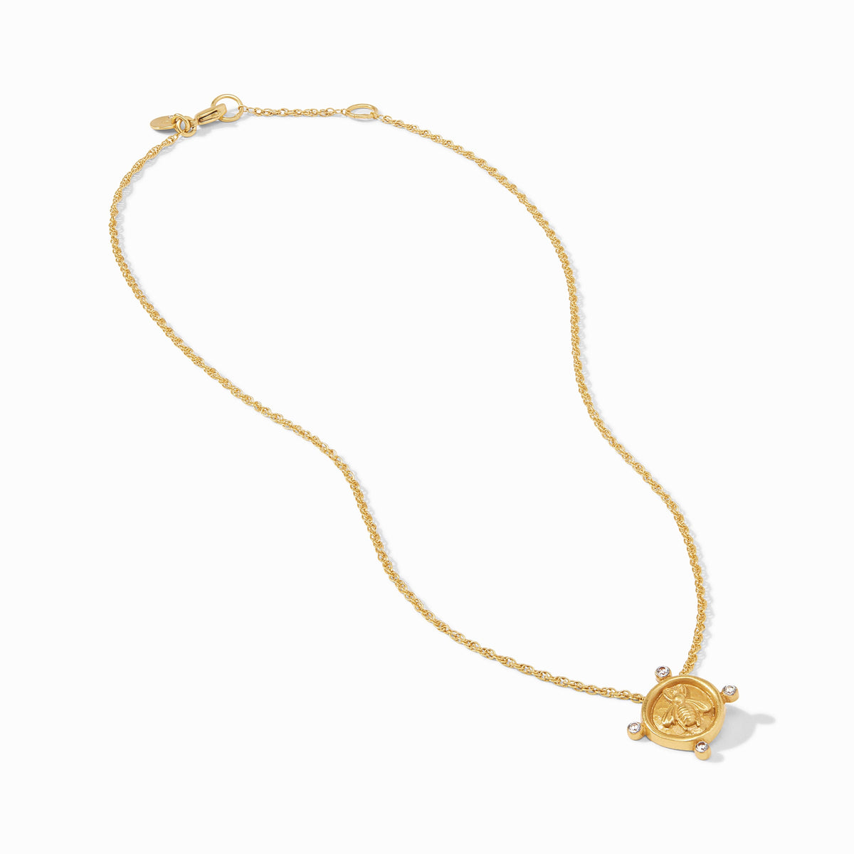 Gold bee cameo solitaire necklace with cubic zirconia accents on an adjustable chain.