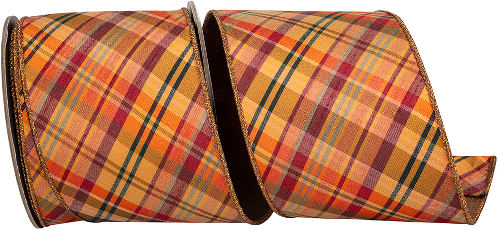 Tierra tonal diagonal plaid wired edge ribbon with orange, red, and green tones and metallic back.
