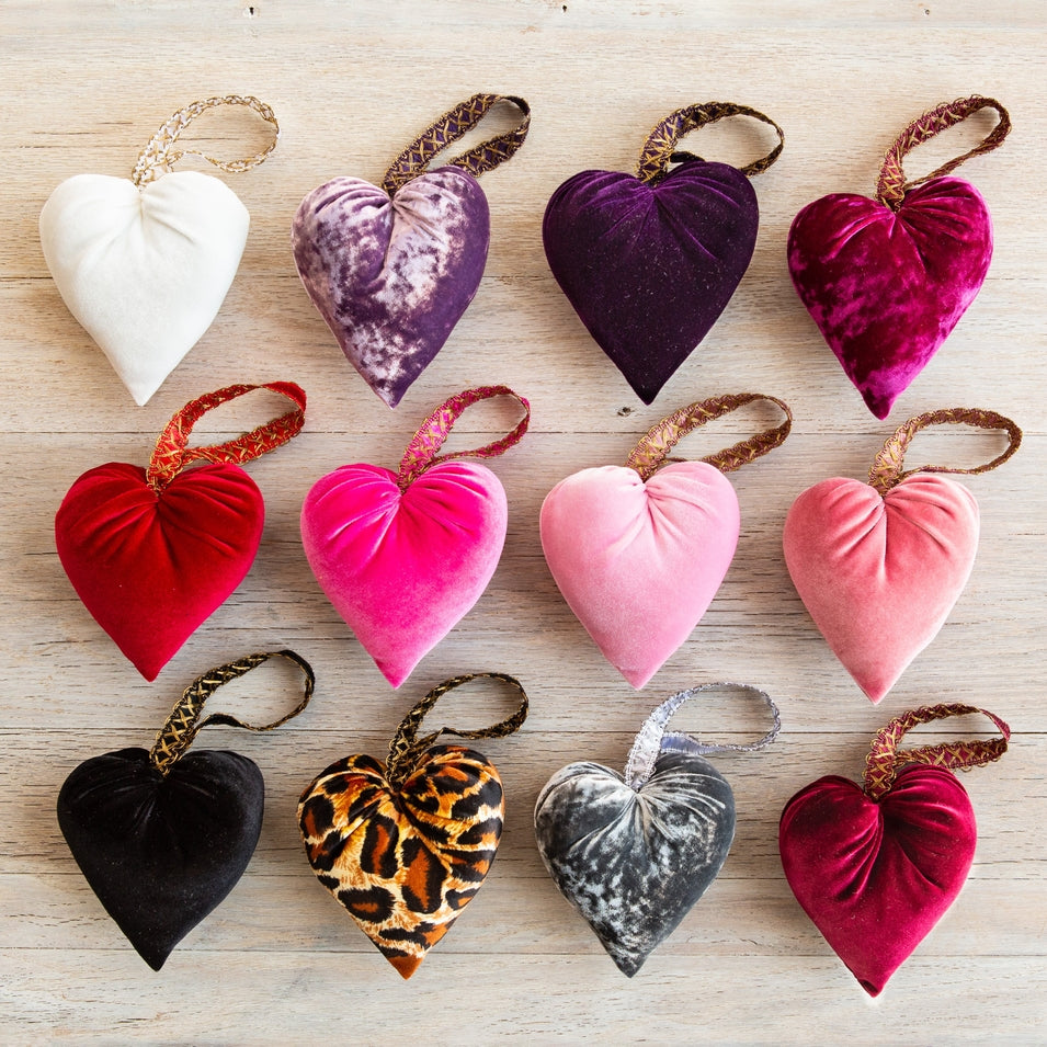 Handmade velvet heart in deep burgundy with a satin ribbon loop.