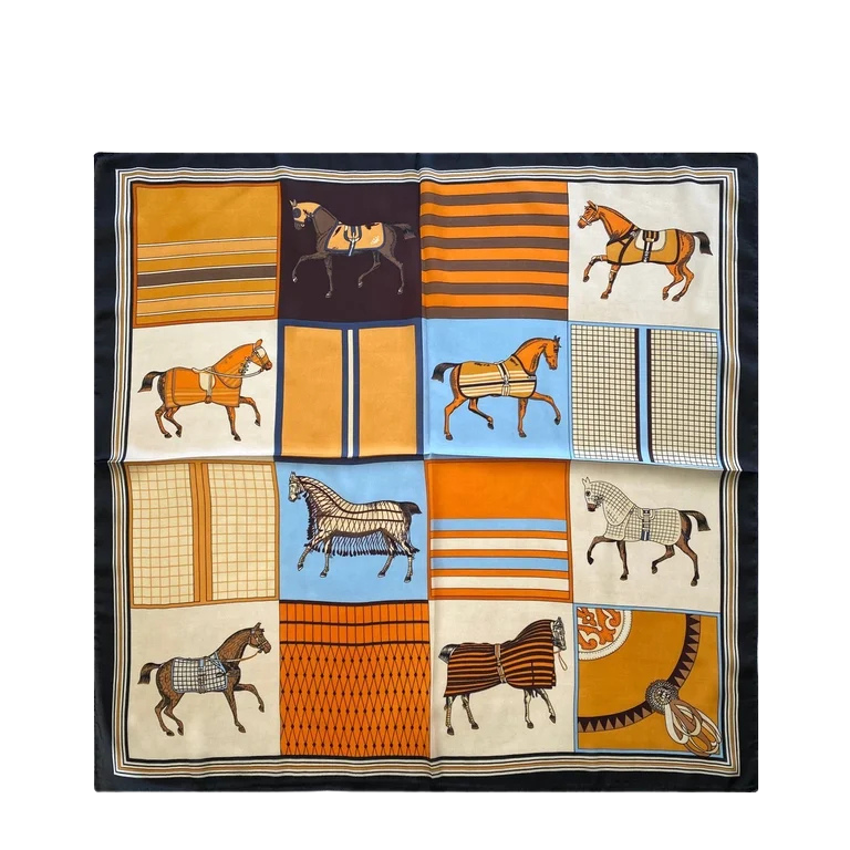 Square silk scarf with a grid pattern featuring various horses in blankets and geometric designs.