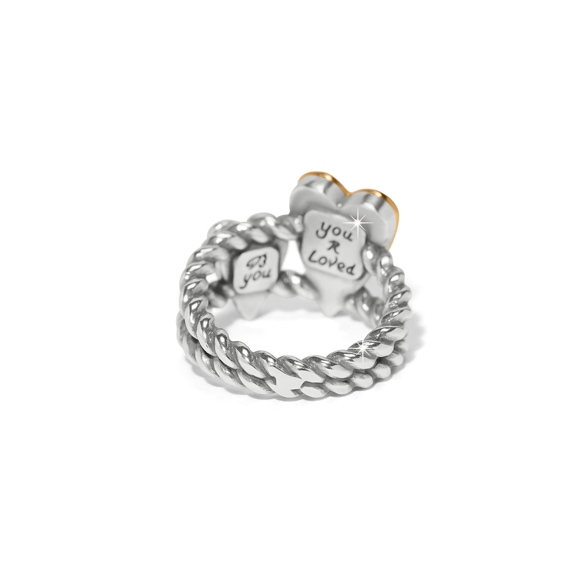 Silver twisted band ring with heart charms engraved with 'you R Loved' and 'you'.