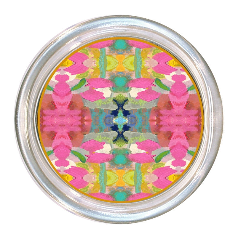Glass coaster with pink floral print by Laura Park featuring a high rim and black velvet back.
