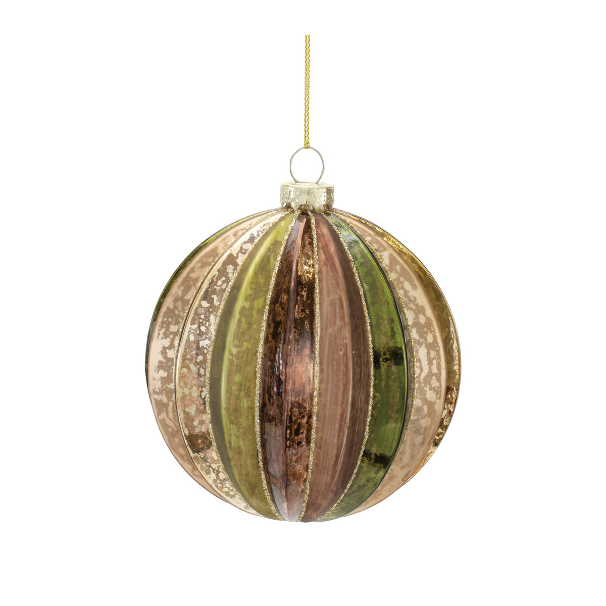 Round glass Christmas ornament with vertical stripes in metallic brown, green, and gold tones.