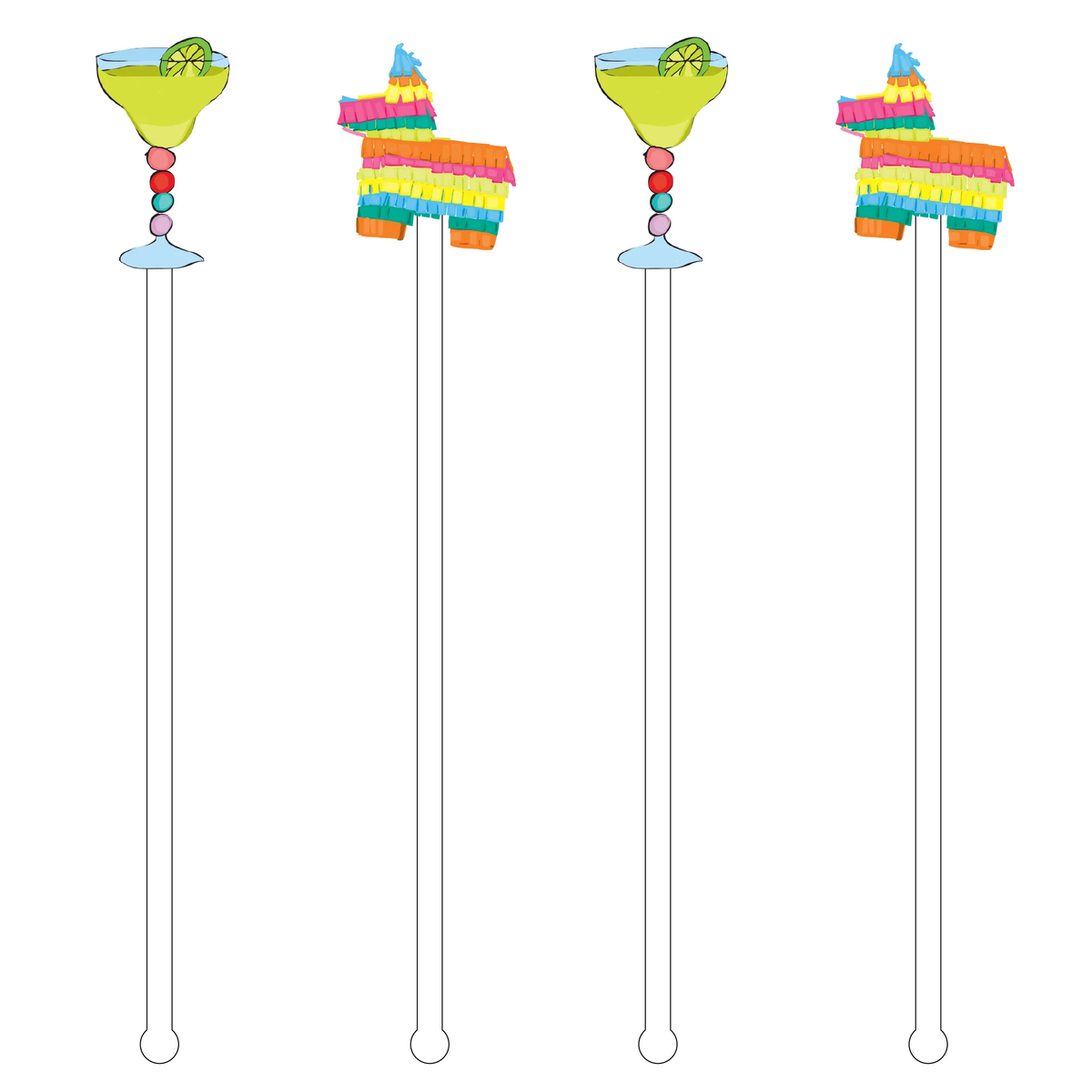Set of four acrylic drink stirrers featuring margarita glass and colorful piñata toppers.