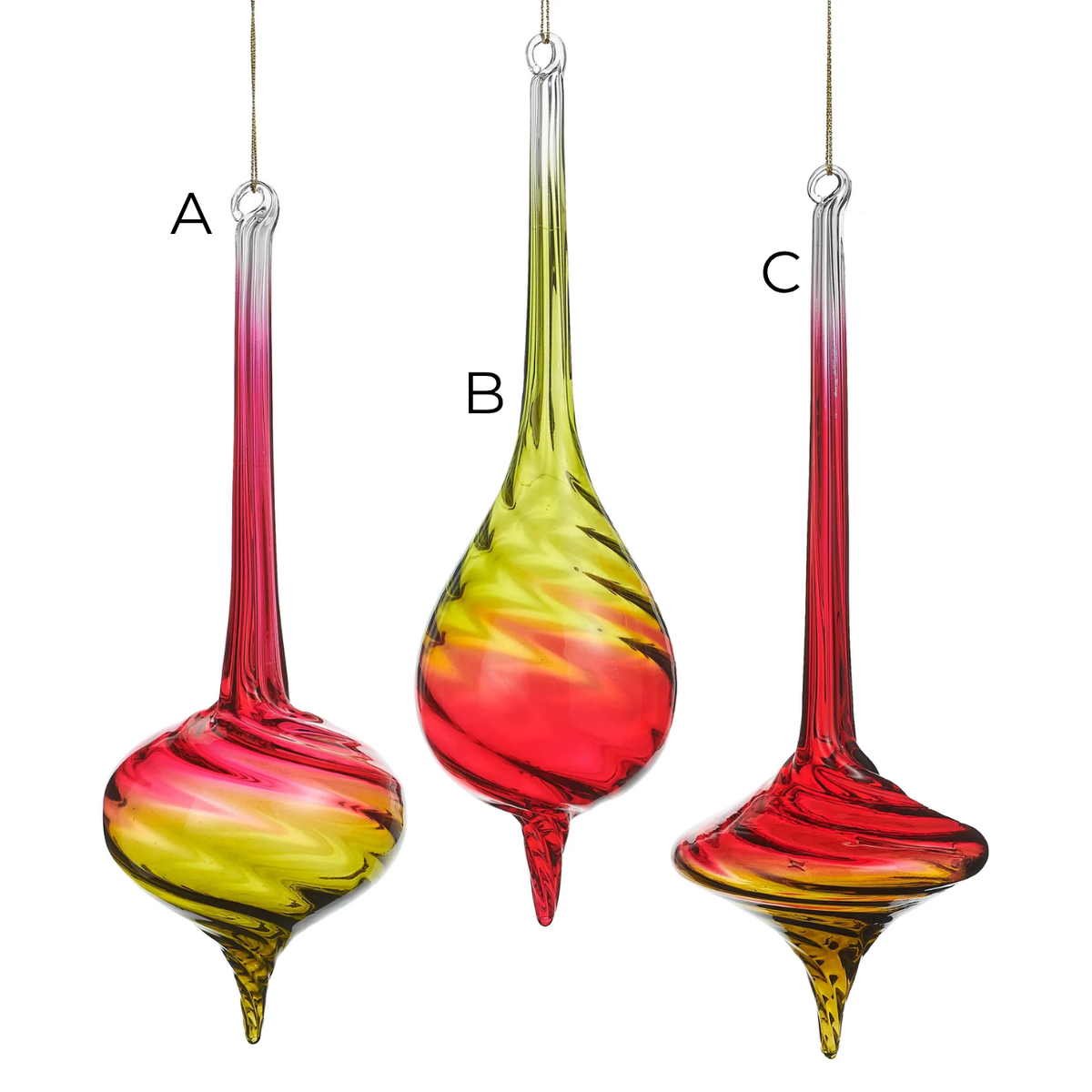 Three glass finial ornaments in red and green ombre, featuring twisted textures and elegant shapes.