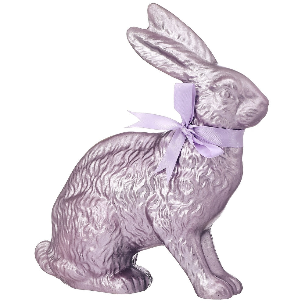 Ten-inch resin Easter bunny with shimmering foil finish and satin ribbon accent