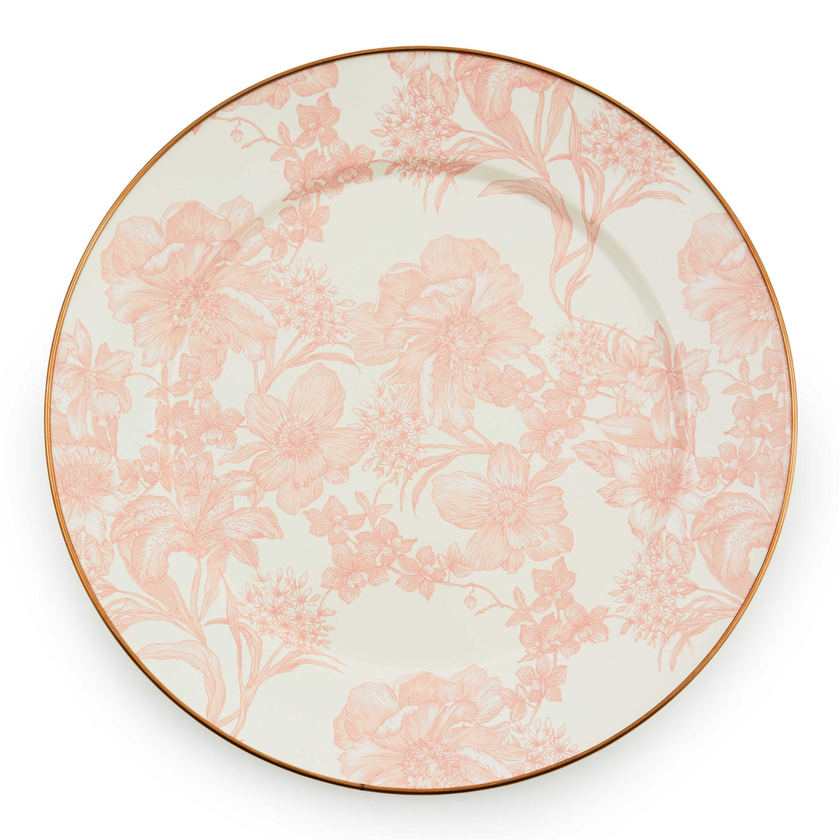 English Garden floral enamel charger with bronzed stainless steel rim on heavy-gauge steel.