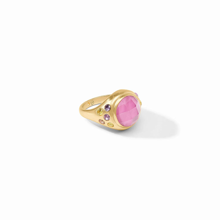 Rainbow statement ring with bold vibrant stones in imported glass and CZ set on a 24K gold plate band.