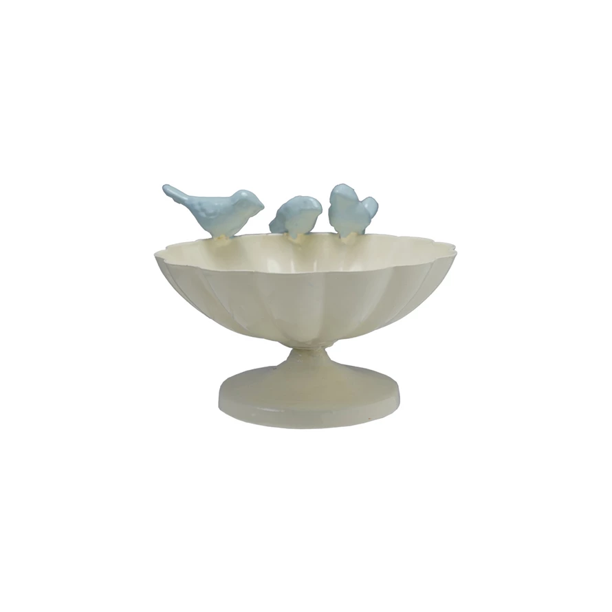 Decorative metal scalloped bowl with three-dimensional cast iron birds perched on the rim