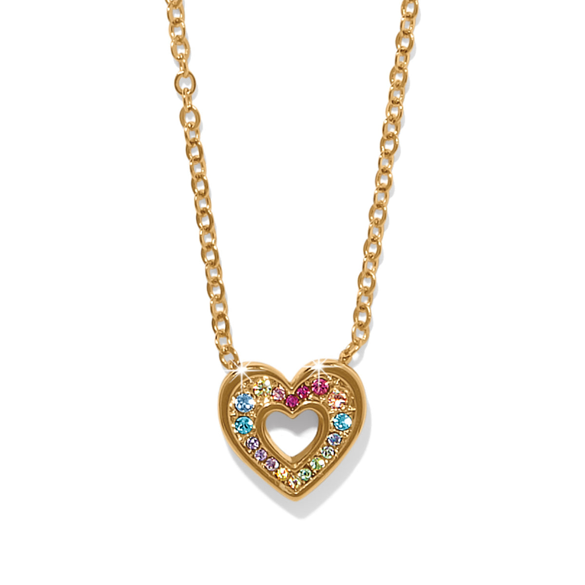 Gold plated heart pendant necklace with fine quality crystals on a gold chain.