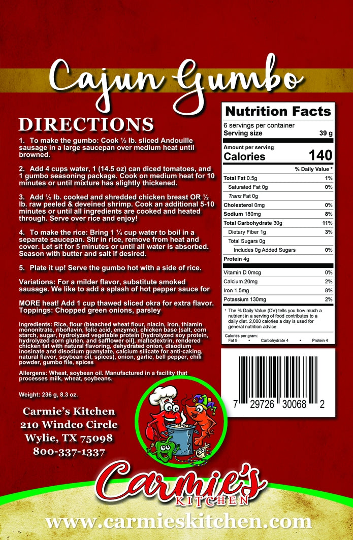 Bag of Cajun Gumbo Soup Mix with visible seasoning ingredients