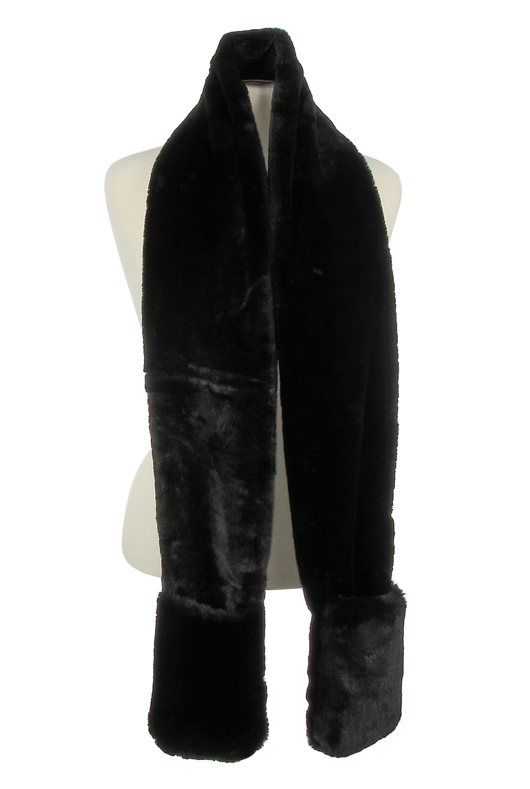 Black plush faux fur scarf with large pockets on each end, displayed on a white mannequin torso.