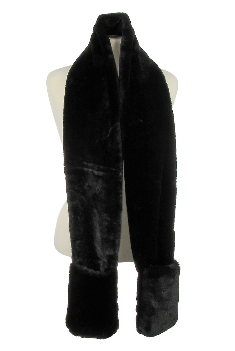 Black plush faux fur scarf with large pockets on each end, displayed on a white mannequin torso.