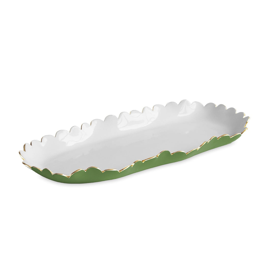 Encanto Colette oblong tray with a scalloped gold rim, white interior, and leaf green exterior.