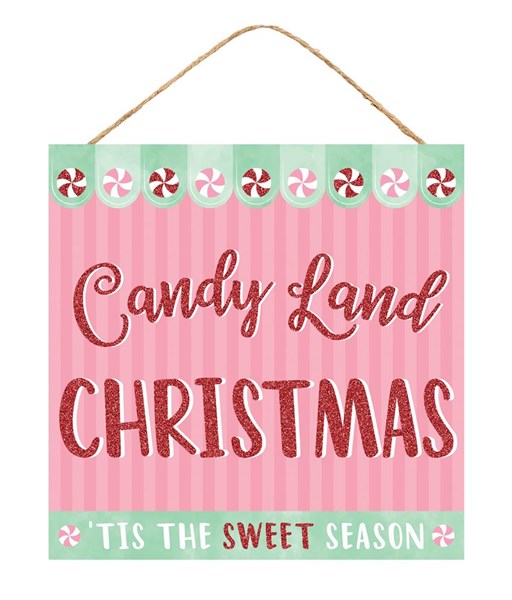 10" square pink and mint Candy Land Christmas sign with red glitter text and peppermint accents.