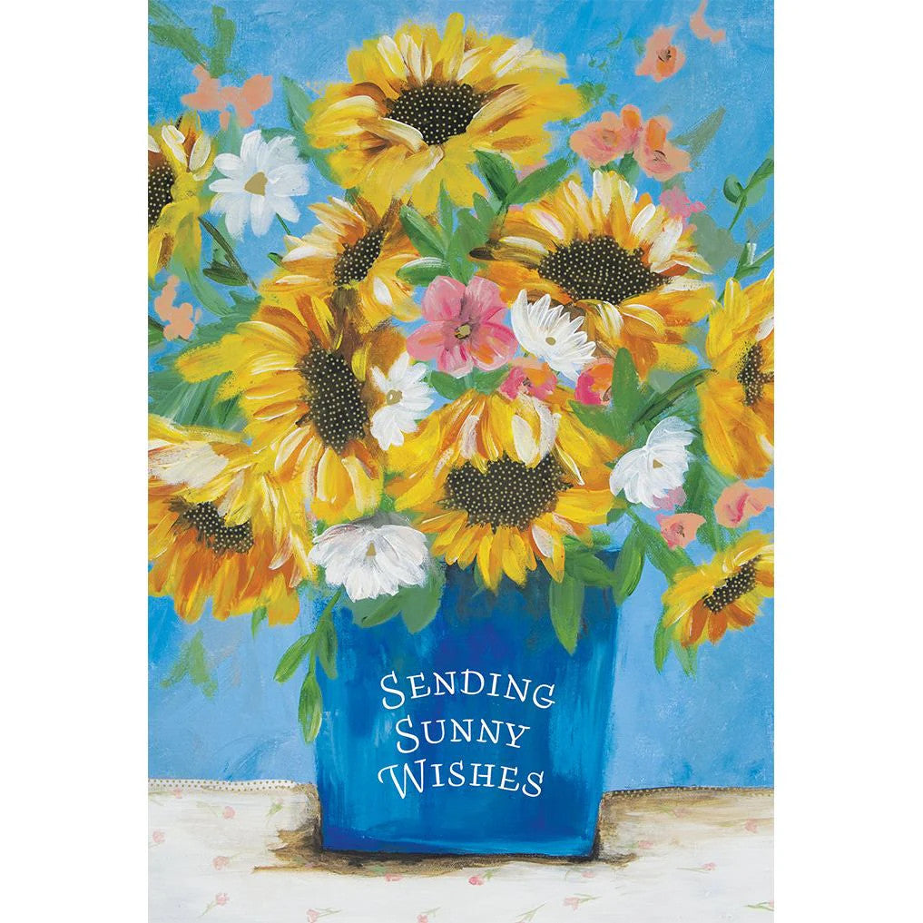 Get Well Soon foil card featuring a sunflower bouquet with text reading 'Sending Sunny Wishes' and 'brighter days are on their way'.