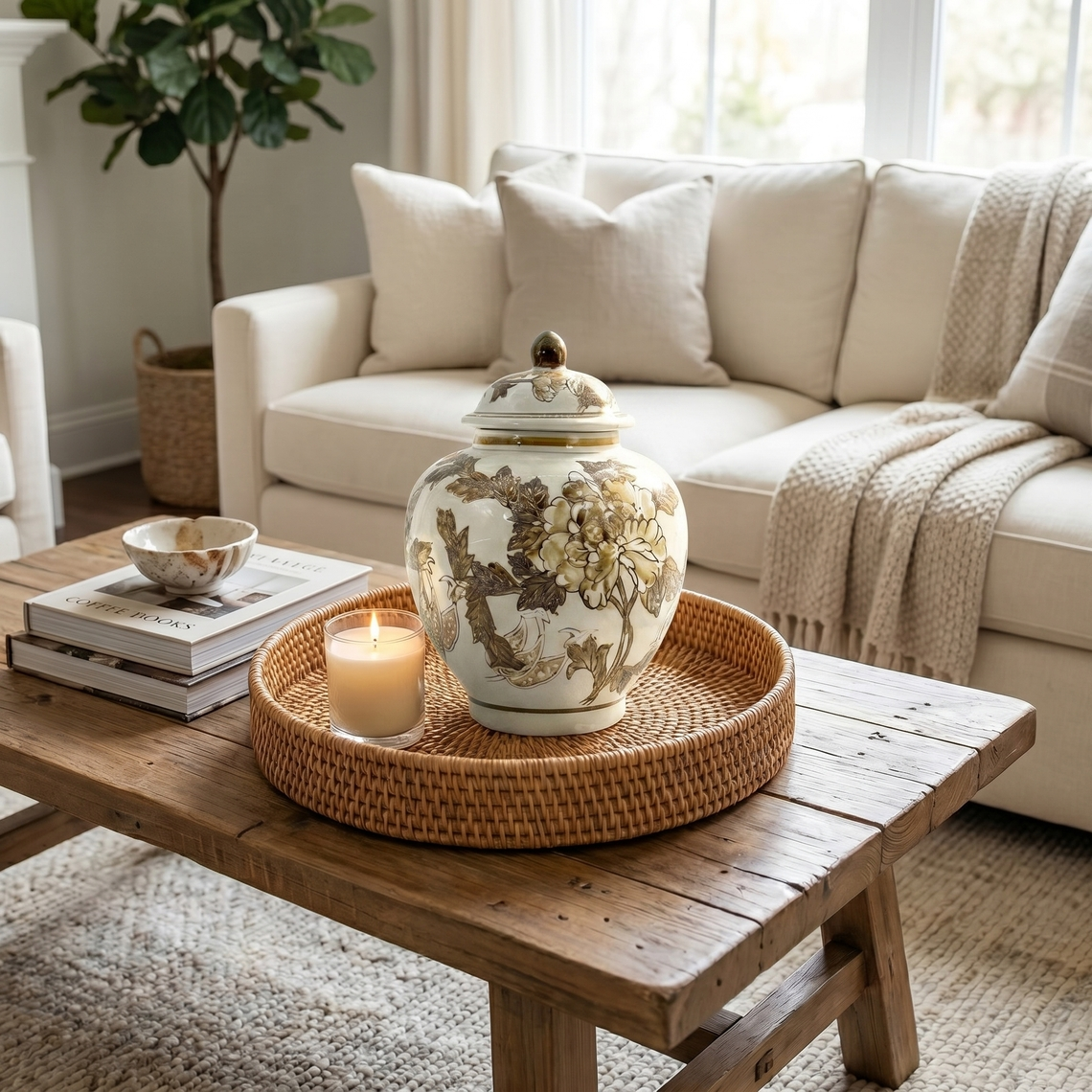 10-inch brown and white chinoiserie ceramic urn style jar with floral design on a wooden table.