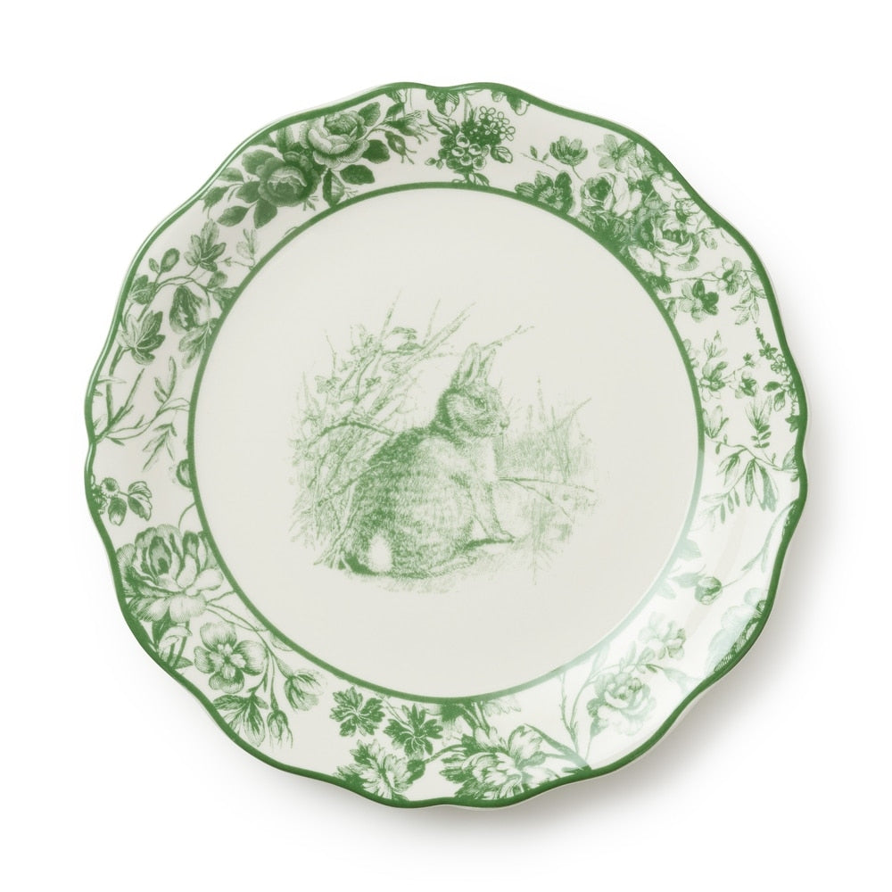 8.5-inch Le Jardin stoneware salad plate with scalloped rim and green bunny floral toile design on ivory glaze.