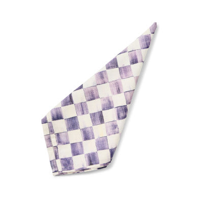 Square violet cotton napkin with a white checkered pattern.