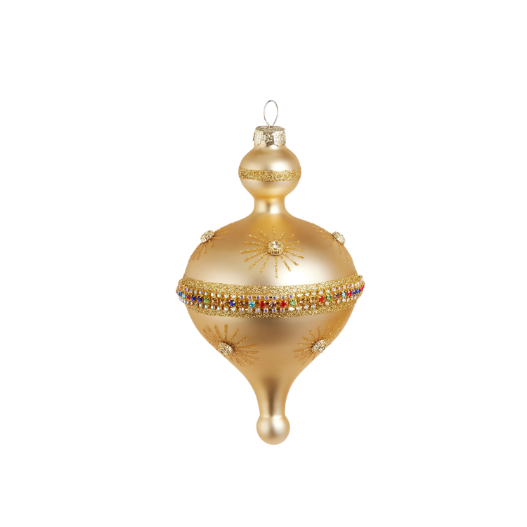 7.5-inch gold glass finial ornament with glitter accents and colorful jewel details.