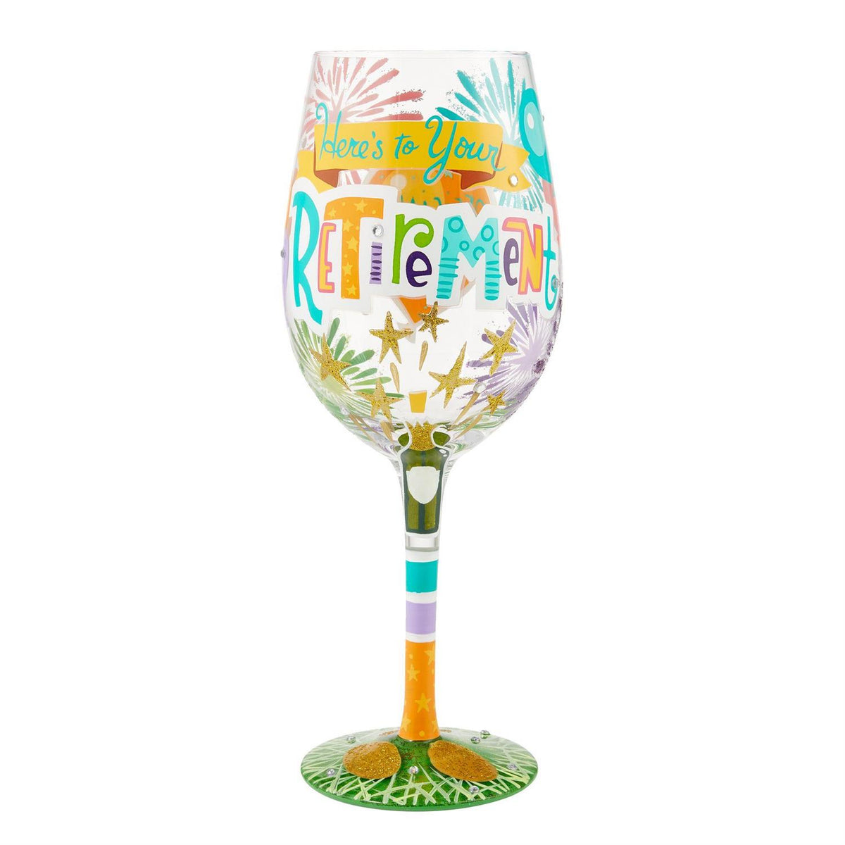 Blown glass wine glass with hand-painted colorful cocktail recipe base and glitter accents.