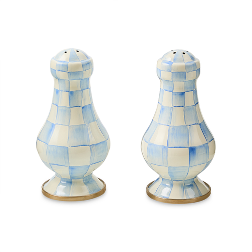Hand-glazed steel salt shaker with hand-painted sky blue check pattern on a tall cylindrical silhouette.