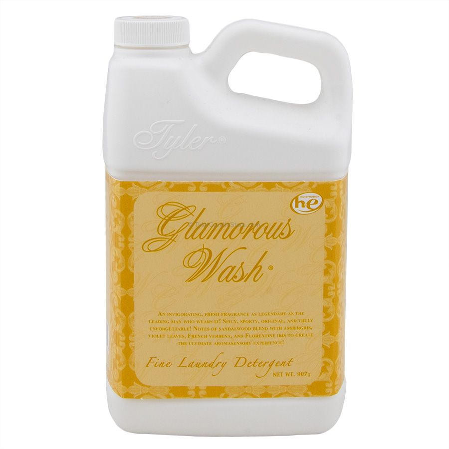 32oz bottle of Tyler Glamorous Wash Fine Laundry Detergent in a white plastic jug with gold label.